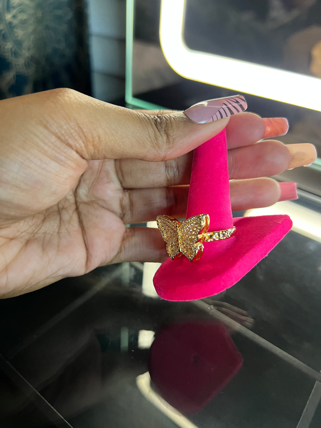Pink bling butterfly ring