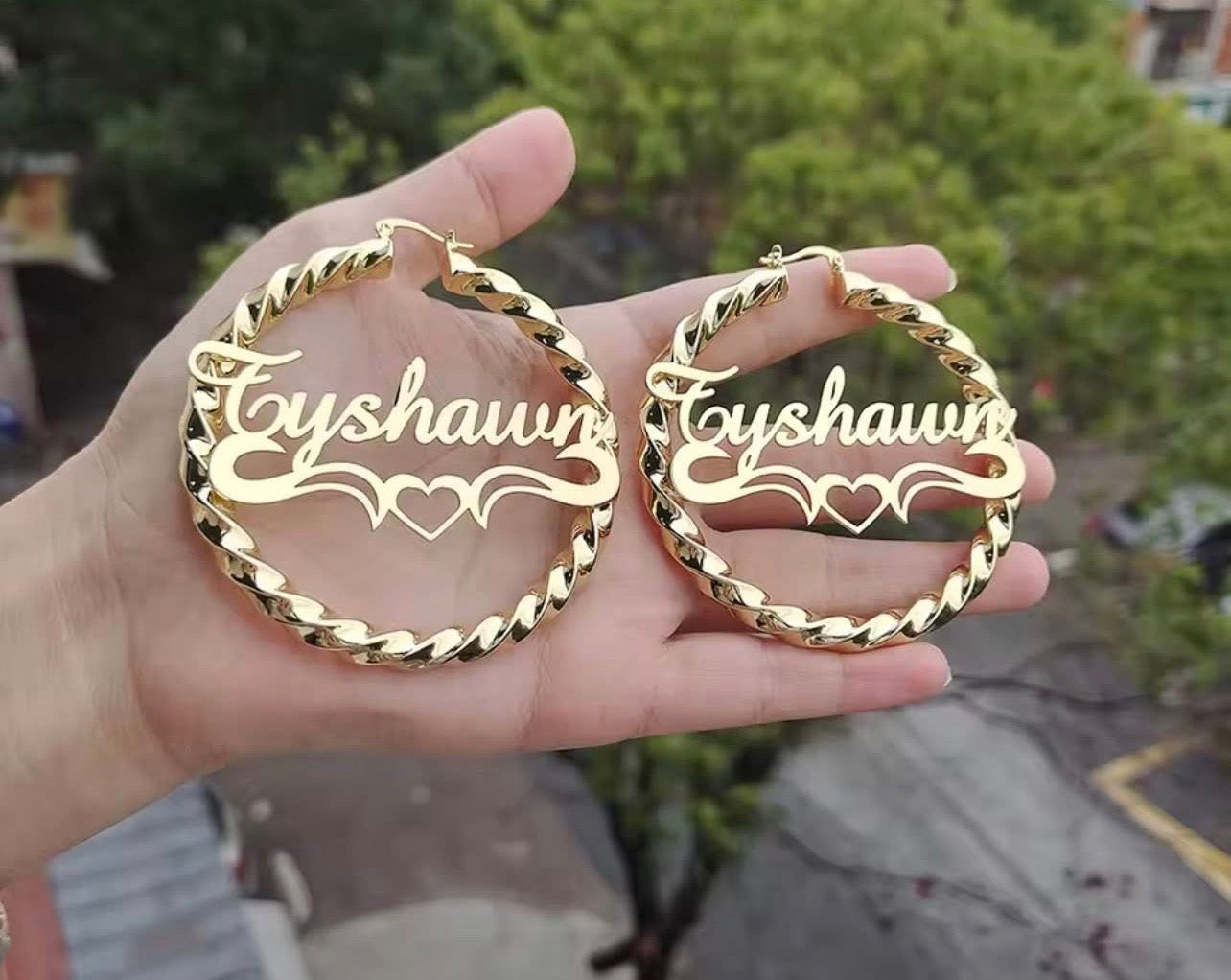 Custom name hoops with heart