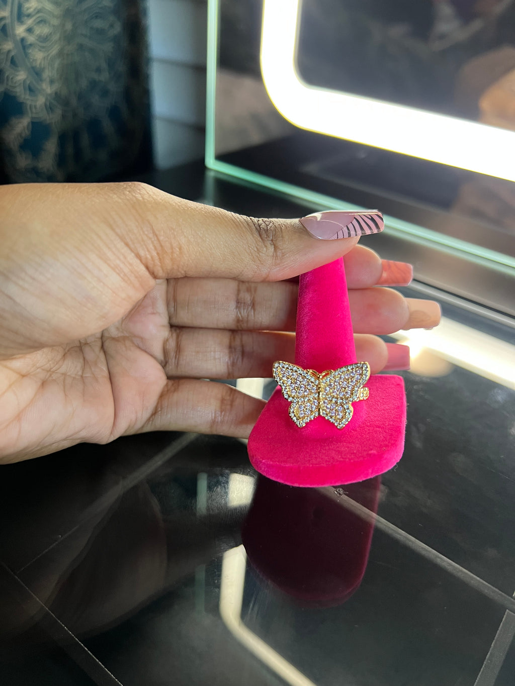 Pink bling butterfly ring