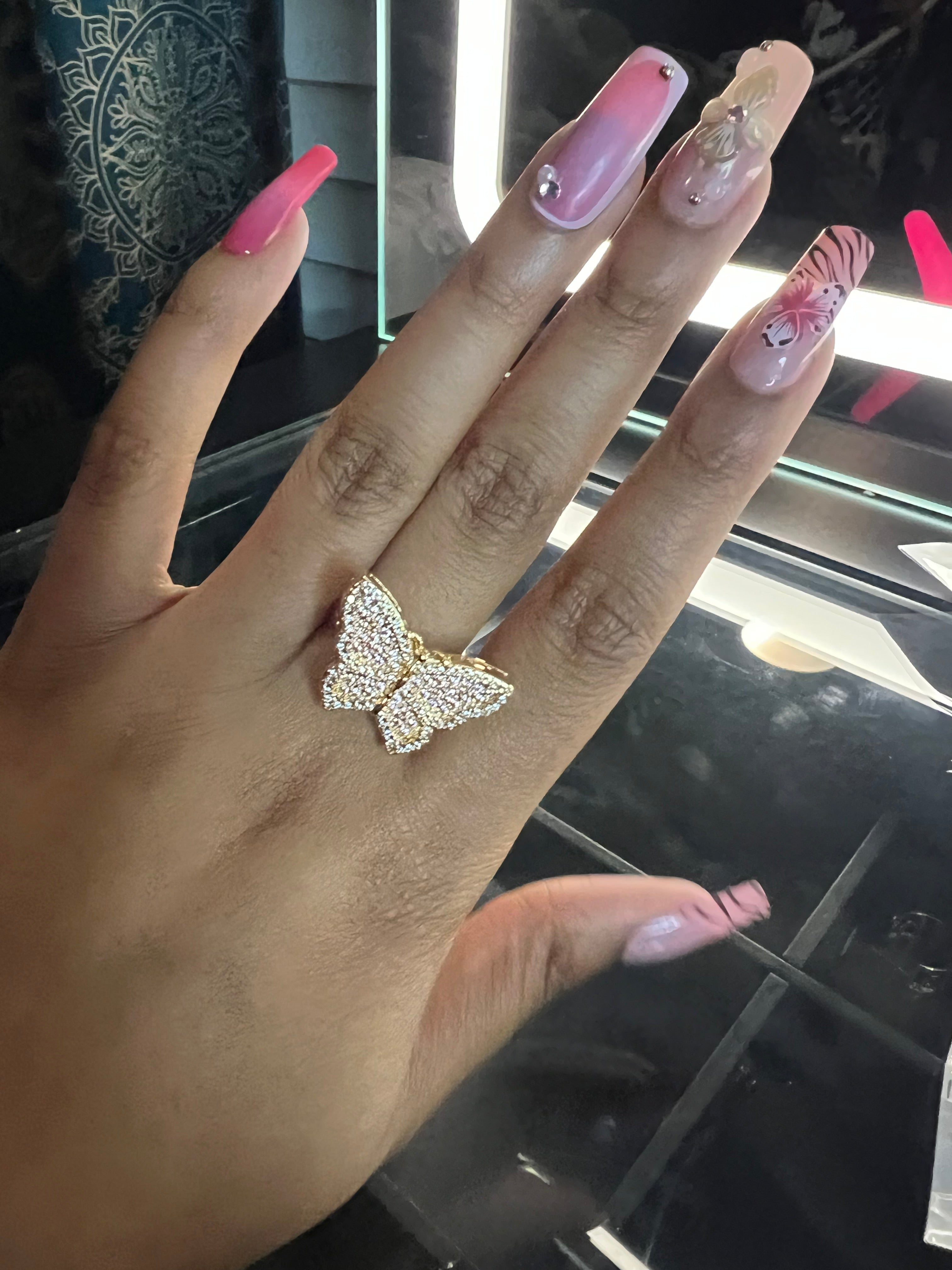 Pink bling butterfly ring