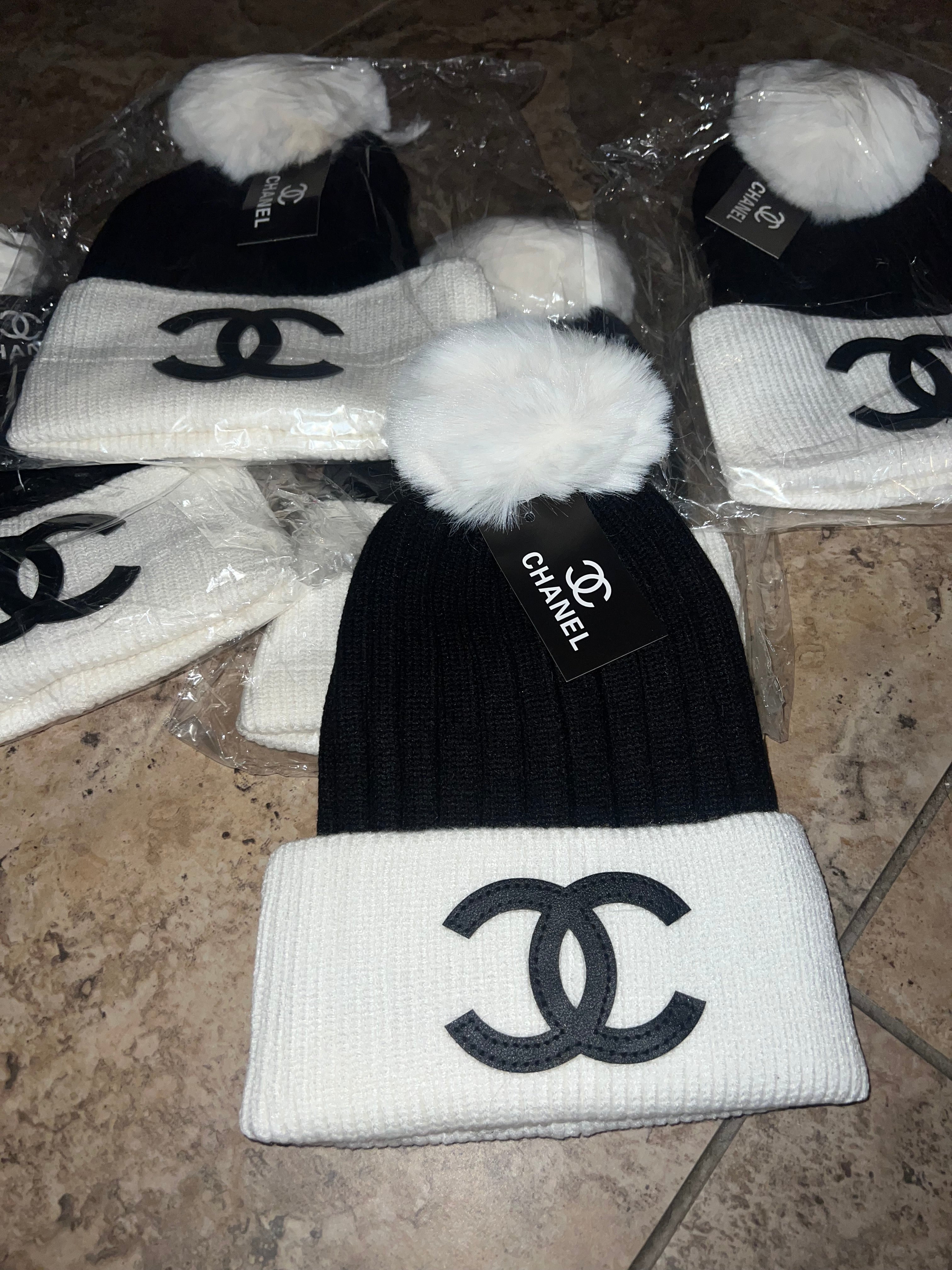 Black and white C beanie
